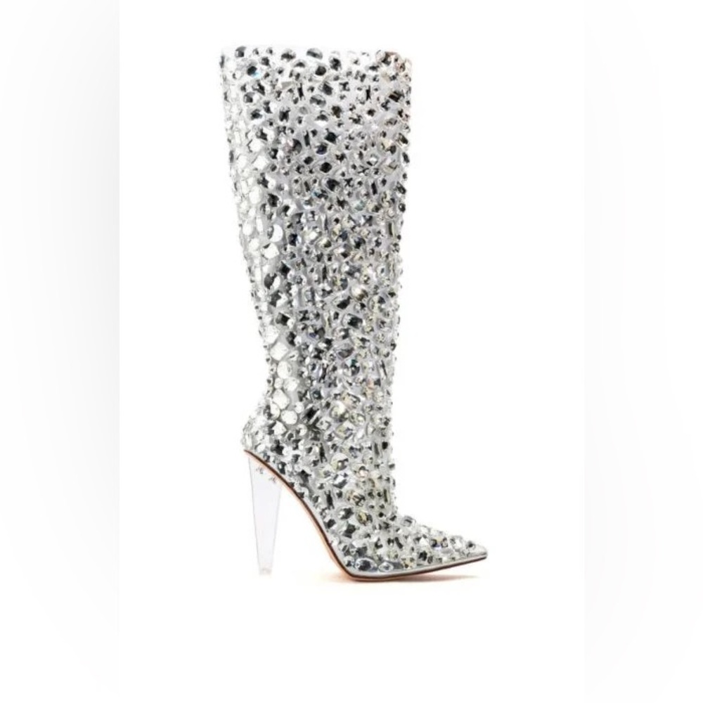 •Honey• Tall Embellished PVC Chunky Heel Boots by Azalea Wang - Picture 4 of 6